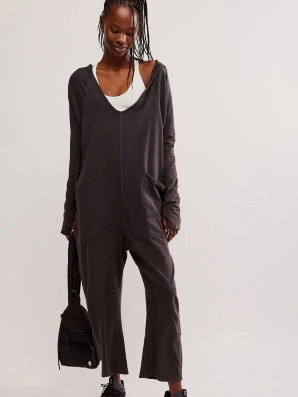 Free People Hot Shot Long-Sleeve Onesie Washed Black Jumpsuit Size Medium